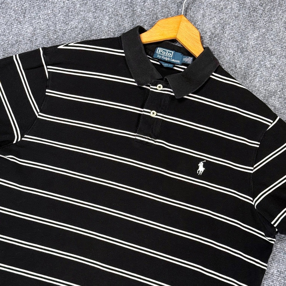 Polo Ralph Lauren Men's XL Custom Fit Black White Striped Cotton Polo Shirt